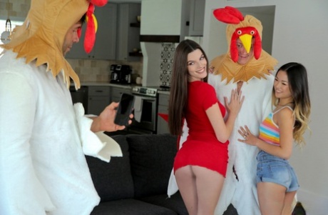 Фиона Фрост и Лулу Чу забираются на мужчин в костюмах цыплят 4